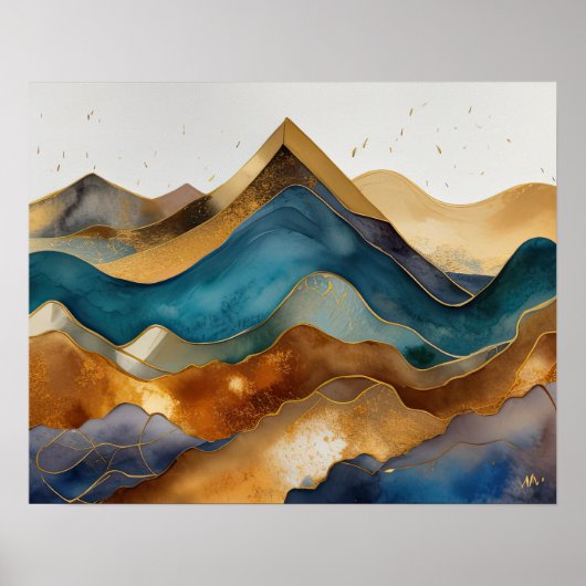 Abstract Landschap Schilderij Goud Roest Blauw Poster (Voorkant)