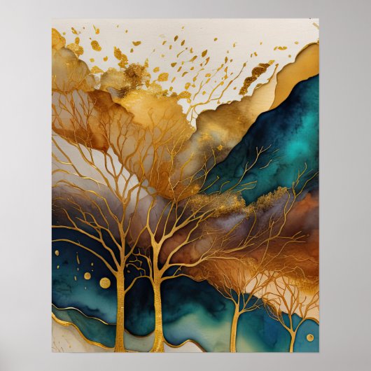 Abstract Landschap Schilderij Goud Roest Blauw Poster (Voorkant)