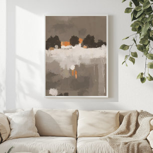 Abstract landschap taupe wit en oranje poster