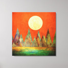 Abstract Landschap Volle Maan Bergen Oranje Lucht Canvas Afdruk