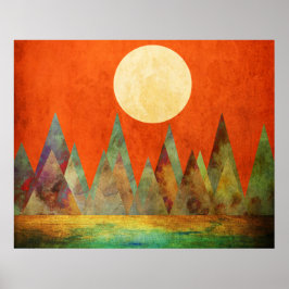 Abstract Landschap Volle Maan Bergen Oranje Lucht Poster