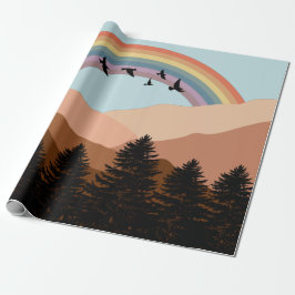 Abstract landschapsbos Bomen regenboog & vogels Cadeaupapier