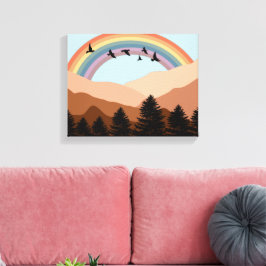 Abstract landschapsbos Bomen regenboog & vogels Canvas Afdruk