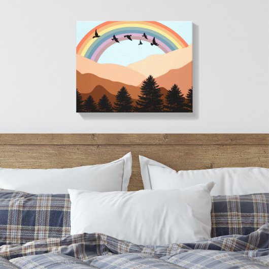 Abstract landschapsbos Bomen regenboog & vogels Canvas Afdruk (Insitu (Slaapkamer))