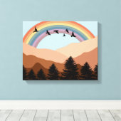 Abstract landschapsbos Bomen regenboog & vogels Canvas Afdruk (Insitu (Houten vloer))