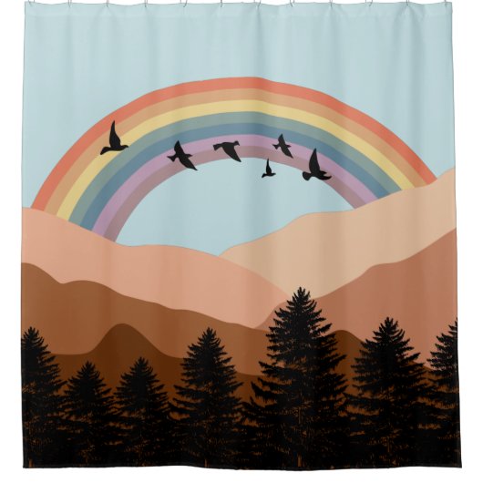 Abstract landschapsbos Bomen regenboog & vogels Douchegordijn (Voorkant)