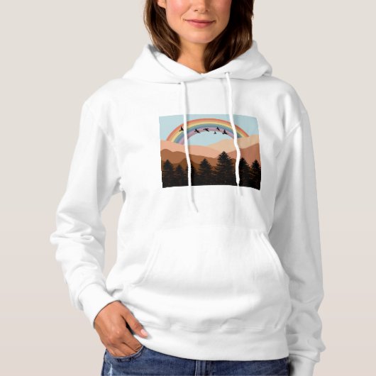 Abstract landschapsbos Bomen regenboog & vogels Hoodie (Voorkant)