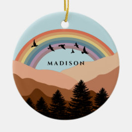 Abstract landschapsbos Bomen regenboog & vogels Keramisch Ornament