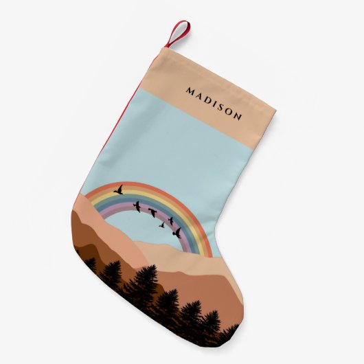 Abstract landschapsbos Bomen regenboog & vogels Kleine Kerstsok (Voorkant (Hangend))