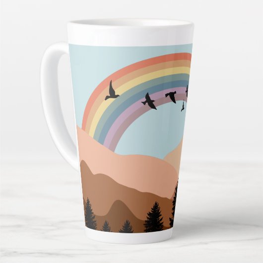 Abstract landschapsbos Bomen regenboog & vogels Latte Mok (Linkerhoek)