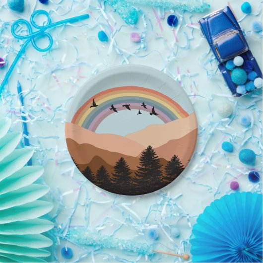 Abstract landschapsbos Bomen regenboog & vogels Papieren Bordje (Feest)