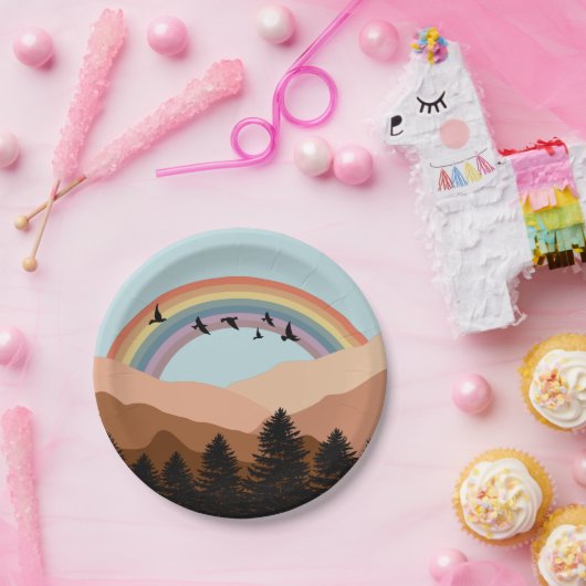Abstract landschapsbos Bomen regenboog & vogels Papieren Bordje (Feest)