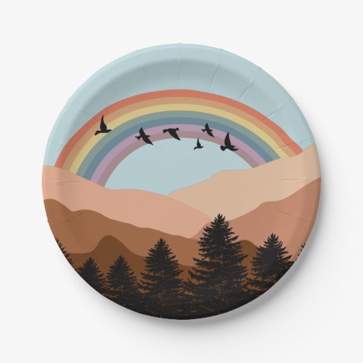 Abstract landschapsbos Bomen regenboog & vogels Papieren Bordje (Voorkant)