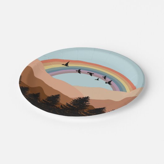 Abstract landschapsbos Bomen regenboog & vogels Papieren Bordje (Gekanteld)