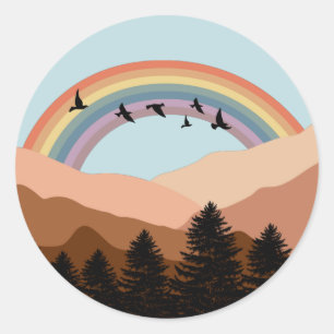 Abstract landschapsbos Bomen regenboog & vogels Ronde Sticker