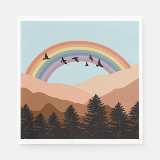 Abstract landschapsbos Bomen regenboog & vogels Servet (Voorkant)