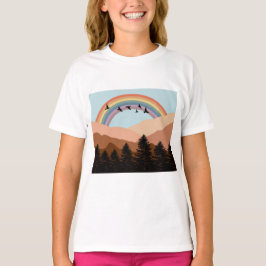 Abstract landschapsbos Bomen regenboog & vogels T-shirt