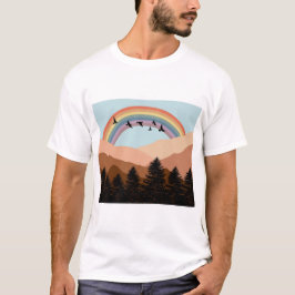 Abstract landschapsbos Bomen regenboog & vogels T-shirt