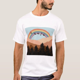 Abstract landschapsbos Bomen regenboog & vogels T-shirt