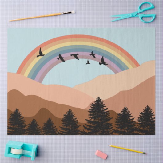 Abstract landschapsbos Bomen regenboog & vogels Tissuepapier (Craft)