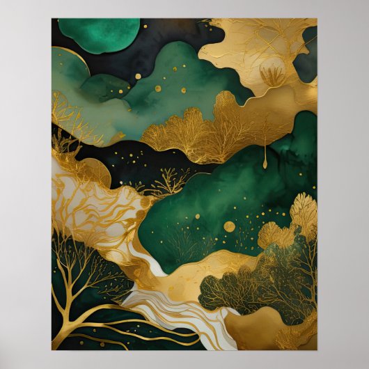Abstract Landschapsschilderij Goud Groen II Poster (Voorkant)