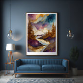 Abstract Landschapsschilderij Goudblauw Paarse Poster