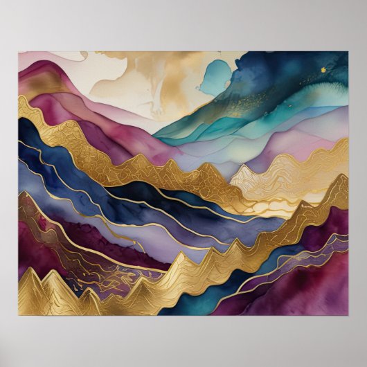 Abstract Landschapsschilderij Goudblauw Paarse Poster (Voorkant)