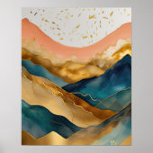 Abstract Landschapsschilderij Gouden Perzik Blauw  Poster (Voorkant)