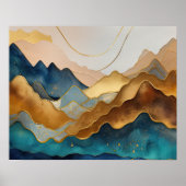 Abstract Landschapsschilderij Gouden Perzik Blauw Poster (Voorkant)