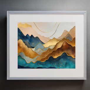 Abstract Landschapsschilderij Gouden Perzik Blauw Poster