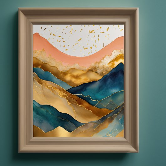 Abstract Landschapsschilderij Gouden Perzik Blauw  Poster