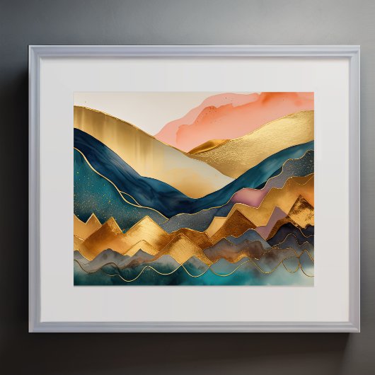 Abstract Landschapsschilderij Gouden Perzik Blauw Poster