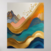 Abstract Landschapsschilderij Gouden Perzik Blauw Poster (Voorkant)