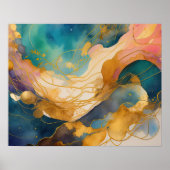 Abstract Landschapsschilderij Gouden Perzik Blauw Poster (Voorkant)