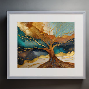 Abstract Landschapsschilderij Gouden Roest Blauwe  Poster