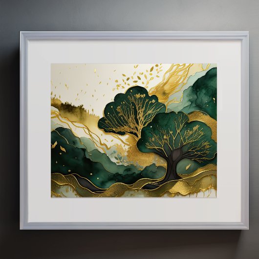 Abstract Landschapsschilderij Goudgroen Poster