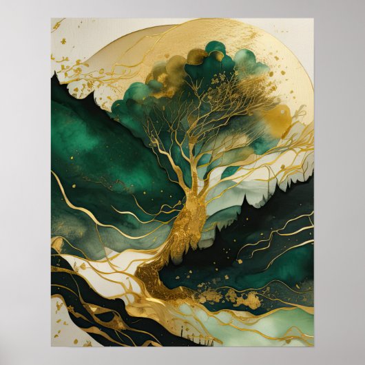 Abstract Landschapsschilderij Goudgroen Poster (Voorkant)