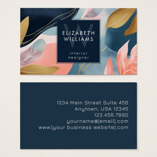 Abstract Leaves Botanicals Monogram Business Cards Visitekaartje (Voorkant /achterkant)