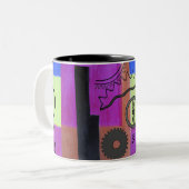 Abstract lichtblauw roze tandwiel tweekleurige koffiemok (Voorkant links)