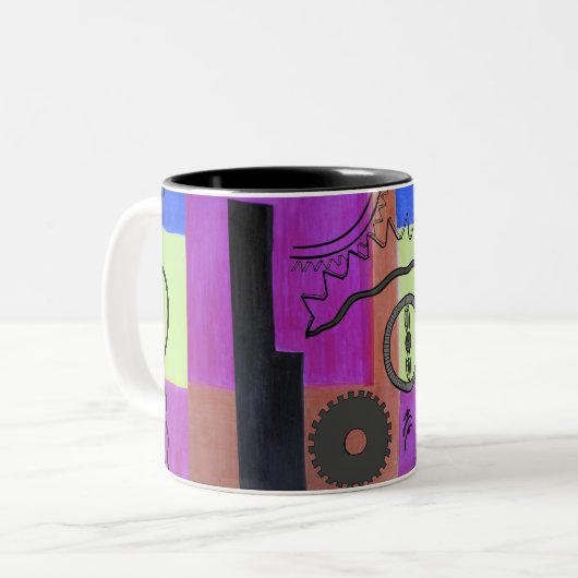 Abstract lichtblauw roze tandwiel tweekleurige koffiemok (Voorkant links)