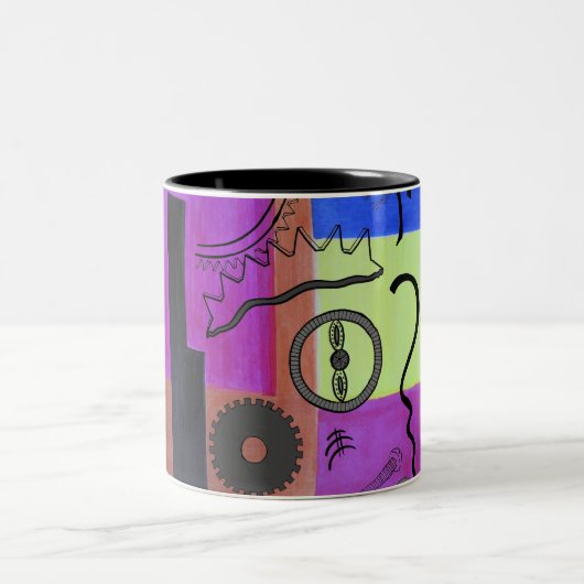 Abstract lichtblauw roze tandwiel tweekleurige koffiemok (Center)