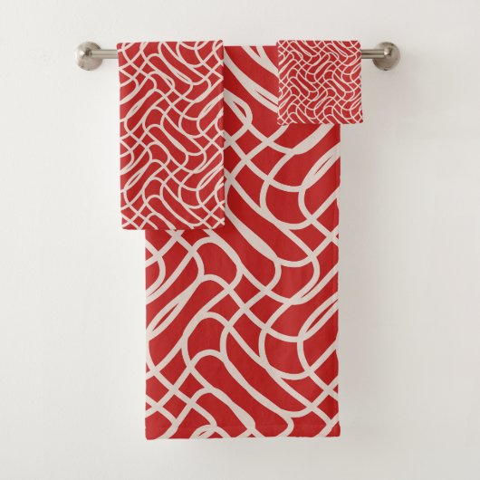 Abstract lijnpatroon van rood en crème bad handdoek (Insitu)