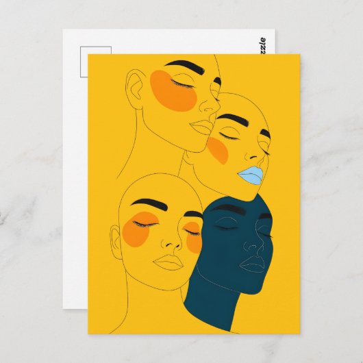 Abstract Line Art Print, Four Overlapping Faces Briefkaart (Voorkant / Achterkant)