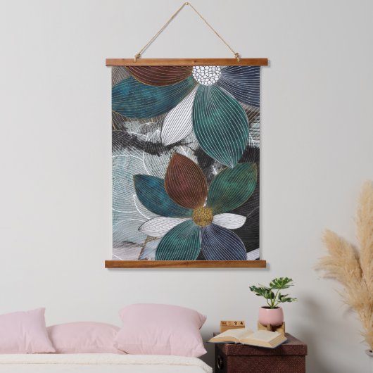 Abstract Linework Bloemenkunst met gedurfde bloemb Hangend Wandkleed (Slaapkamer)