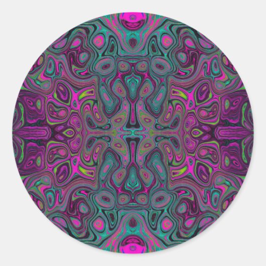 Abstract Magenta en Blauwgroen Blauwe Groovy Patro Ronde Sticker (Voorkant)
