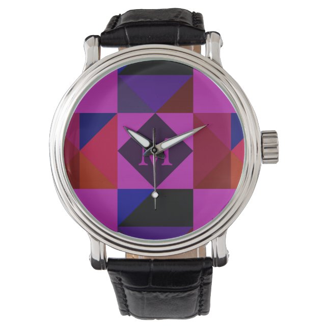 Abstract magenta geometrisch patroon monogram horloge (Voorkant)