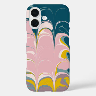 Abstract Marble Modern Ebru Patroon Blauwgroen en  iPhone 16 Hoesje