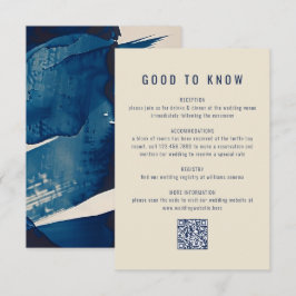 Abstract marineblauw inktschilderij QR-code bruilo Informatiekaartje