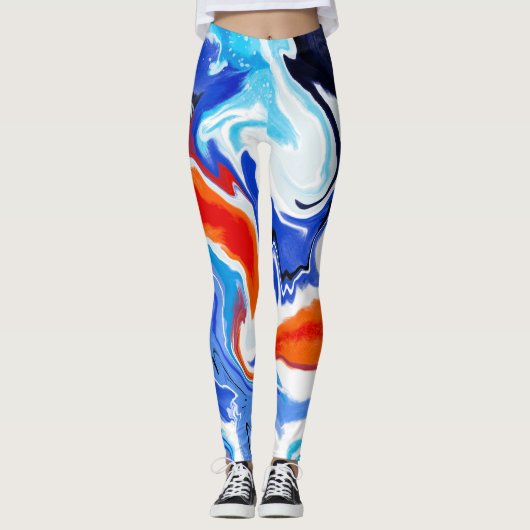 Abstract Marmeren Rood Sinaasappel Blauw Paarse Pa Leggings (Voorkant)