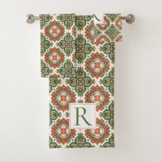 Abstract mediterraan groen oranje patroon bad handdoek